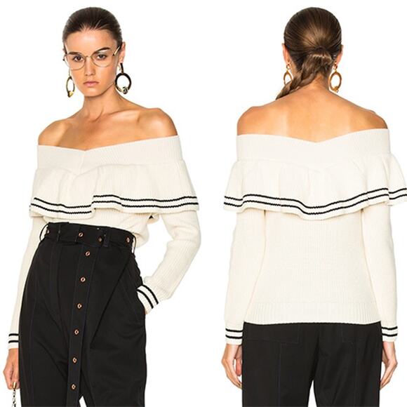 NWT Self-Portrait Striped Off Shoulder Ribbed Ruffled Cream Long Sleeve Sweater - Picture 1 of 8